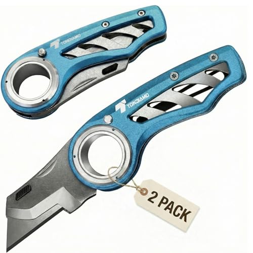 Image of Tondiamo 2 Pcs Folding Pocket Utility Knife Heavy Duty Box Cutter Folding Razor Knife with Anti Slip Finger Loop Easy Change Blades 3 Lock Positions Design (Blue)