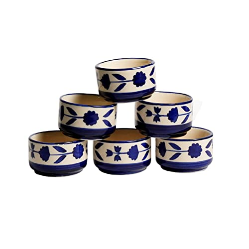 Image of Handpainted Floral Studio Pottery Ceramic Chutney Round Bowl /Pickle Bowl /Sauce Bowl /Dip Bowl /Small Katori Set (40 ML, Small, Set of 6, Blue and Blackand Off White)