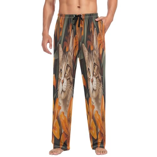 ALAZA Men's Cat in Orange Lily Bushes Sleep Pajama Pant3