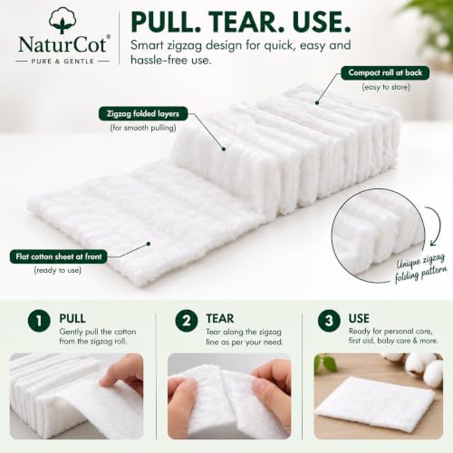 Image of Premium Absorbent Cotton Zig Zag Roll (250g Net Weight without paper) | Soft & Highly Absorbent | Coreless & Pure Cotton for Makeup Removal, Baby Care, Skincare & Everyday Wellness (No Paper Tube) (1, 250 gram)