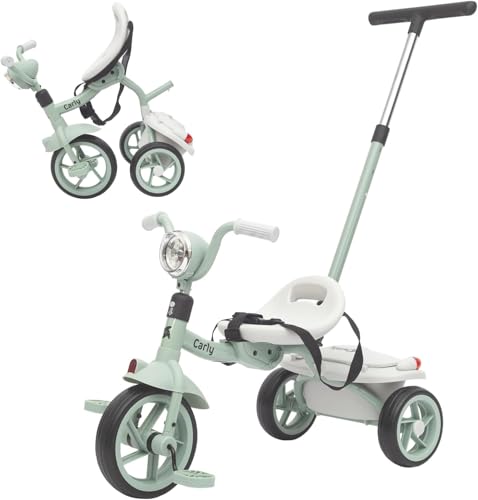 Twinly Triciclo Evolutivo bebé Plegable para niños 1-5 Años - Triciclo Infantil Ligero y Compacto - Manillar con Luz y Sonido, Cesta y Barra de Empuje Ajustable Carly (Menta)