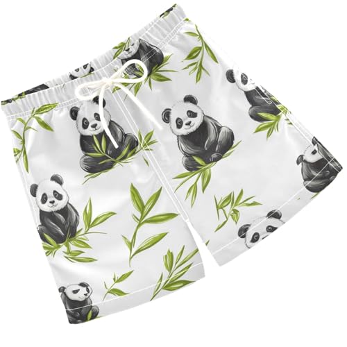 Pigsaly Boys' Swim Board Shorts Green Leaves Cartoon Black White Pandas Boy's Swim Trunks Kids Swimwear XS