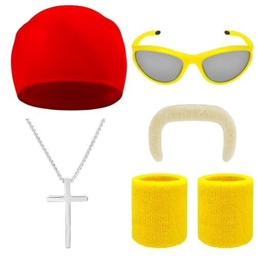 Ueyben Wrestler Costume Accessories, Feather Boa with Fake Beard Mustaches Red Bandana Wristbands for Women Men Cosplay (Cross)