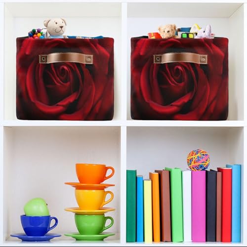 YETTASBIN Red Rose Storage Basket 1PC, Large Collapsible Toys Clothes Organizer, Long-Lasting Canvas Storage Bin with Handle for Shelves Closet Laundry Home Office Decor