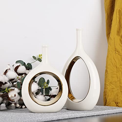 White And Gold Vase Modern Vases For Décor, Home Decorative Vases For Flowers, White Gold Vase For Shelf Décor, Table Décor, Ceramic Vase For Bookshelf, Fireplace Mantle, Centerpieces, Farmhouse #TOP3