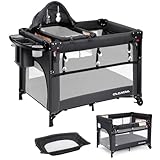 ELEMARA 5 in 1 Pack and Play, Adjustable Baby Bedside Bassinet Sleeper,1-Second Setup Foldable Playard from Newborn to Toddles,Bedside Crib with Changing Table,Portable Travel Bassinet,Ziper Door,Gray