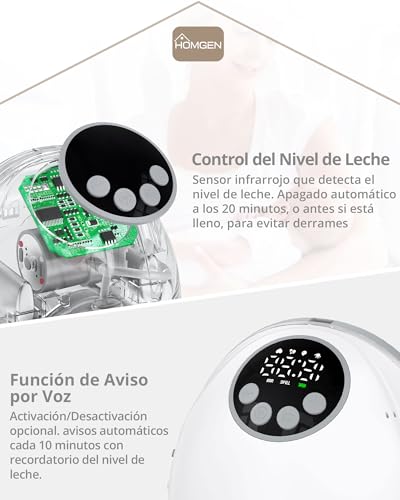 HOMGEN Sacaleches Eléctrico Manos Libres Portátil con Pantalla LED Extractor de Leche Materna Inalámbrico con 4 Modos y 12 Niveles Bomba de Lactancia Silenciosa Recargable para Casa Trabajo y Viaje - imagen 3