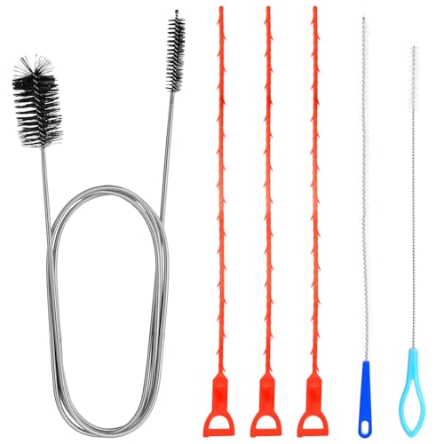 6 st. avloppsrenare spiral, dräneringsborste lång rörborste, rör med dubbla huvuden i rostfritt stål, flexibel slangborste avlopp borste för rörrensare kök tvättställ dusch