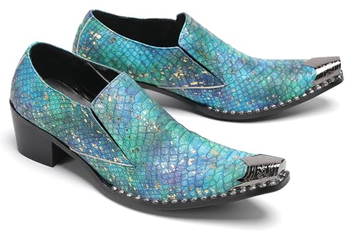 Santimon Men Casual Shoes Exotic Snakeskin Leather Slip-On Loafers – Stylish Metallic Toe, Comfortable Block Heel, Ideal for Wedding, Party, Ballroom,Bar & Semi-Formal Occasions4