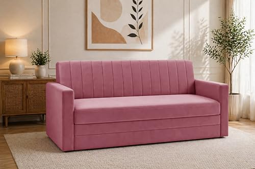 Image of Modern Velvet 3-Seater Sofa Cum Bed with Armrest, Convertible Sleeper Couch Sofa for Living Room, Bedroom & Office-Rose Pink