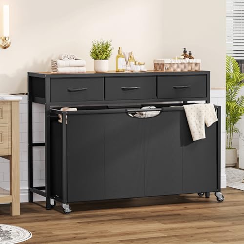 FIONESO Wäschekorb 4 Fächer, 300 L Wäschesammler mit 3 Schubladen, Wäschekorb mit Rollen & Ausziehbare Taschen, Wäschewagen für Waschraum, Badezimmer, Eingangsbereich - ENZYL007F