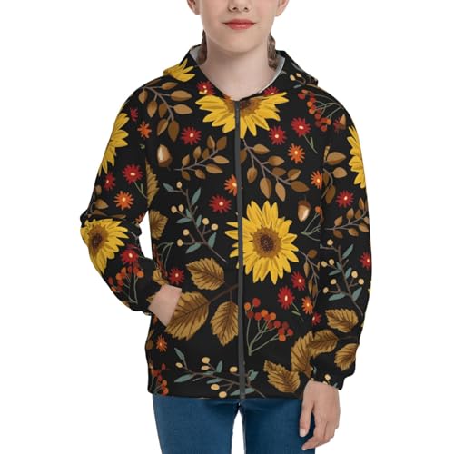 Sunflowers Leaves Kids Pullover Hoodies Boys Zip Up Sweatshirts Girls Athletic Clothes with Pocket3