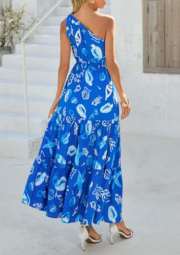 PRETTYGARDEN Women's Summer Floral One Shoulder Maxi Dress Knot Ruffle Boho Beach Vacation Wedding Guest Long Sun Dresses (Blue White Print,XX-Large) — view 4