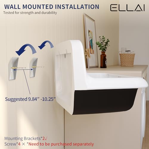 Image of ELLAI Wall Mount Utility Sink Wall Mounted Laundry Tub Ceramic Farm Style High Back Farmhouse Sink for Laundry Room, Garage, Kitchen, Bathroom, White and Black 24 inch x 17 inch x 15 inch
