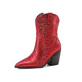 LUMUTA Women's Western Rheinstone Cowboy Boots Block Heel Pointed Toe Flash Ankle Boots for Outdoor Party Side Zip Comfort Booties