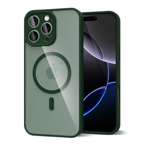 oakxco for iPhone 16 Pro Max Clear Case Magnetic Compatible with Magsafe, Girly Cute Slim Thin Mag Safe Phone Case for Women, Transparent Hard Shell Plastic & Silicone Bumper Camera Cover, Dark Green