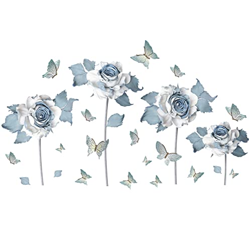 Drwssr Blue Rose Wall Stickers Watercolor Blue Roses Wall Decals Blue Flowers Butterflies Wall Stickers Vinyl Removable Wall Decals Mural Art For Bedroom Living Room Offices Study Room Home Decoration #TOP19