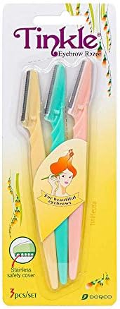 Dorco Tinkle Eyebrow Razor, Hair Trimmer Shaper Shaver and Tough Up Tool, Facial Razor with Safety Cover, 3 Razors To Remove The Fine Hairs of The Eyebrow, Neck and Face | Dermaplaning Razor Tool | Holiday Stocking Stuffers