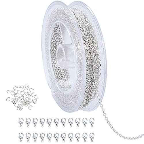 AKHAT - Necklace Chains for Jewelry Making Solid Copper Silver Plated with 22 Lobster Clasps and 50 Jump Rings(37 Feet Silver Chain, 1.5mm) ÿ