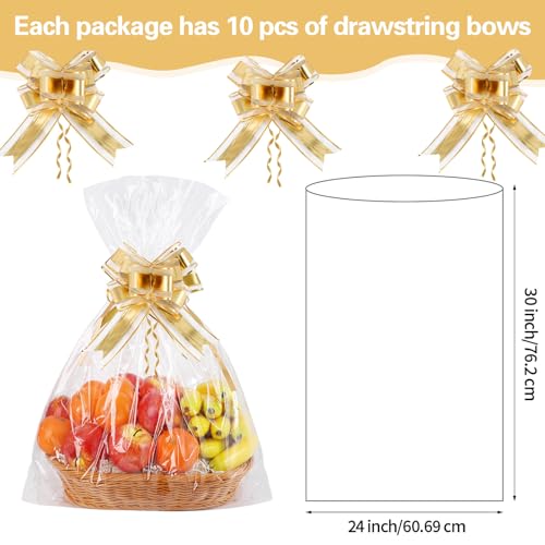 LEOSINDA 10 Pcs Cellophane Bags, 24x30 Inches Cellophane Wrap for Gift Baskets Large Clear Gift Bags With 10 Gold Ribbons for Cookie Candy Goodie