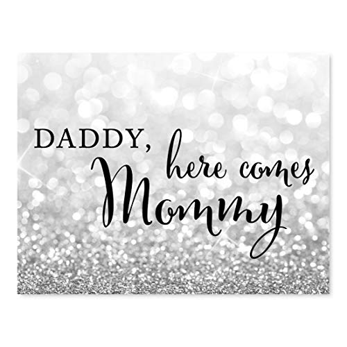 Andaz Press Wedding Party Signs, Glitzy Silver Glitter, 8.5x11-inch, Daddy, Here Comes My Mommy Ring Bearer or Flower Girl Ceremony Sign, 1-Pack