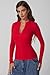 QINSEN V Neck Shirts for Women Long Sleeve Half Zipper Ribbed Knit Tee Shirts Slim Fit Going Out Tops Red L