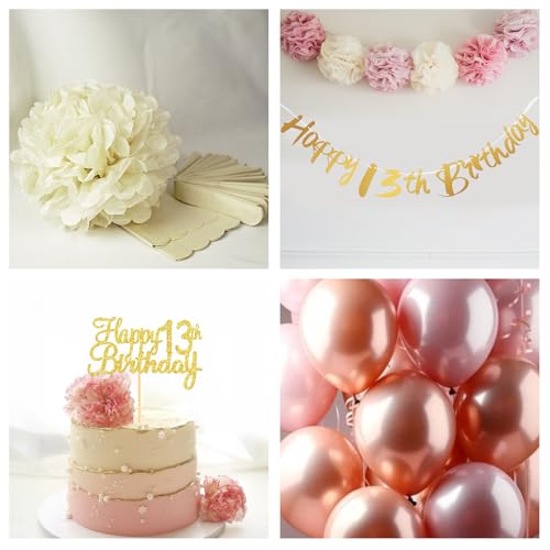 Froova 13th Birthday Decorations for Girl Retro Blush Pink Birthday Balloons Happy 13th Banner Cake Topper Pom Poms Dusty Rose Gold Number 13 Balloon for Her 13 Year Old Bday Party Decoration Supplies by Froova - Used condition - Image 8