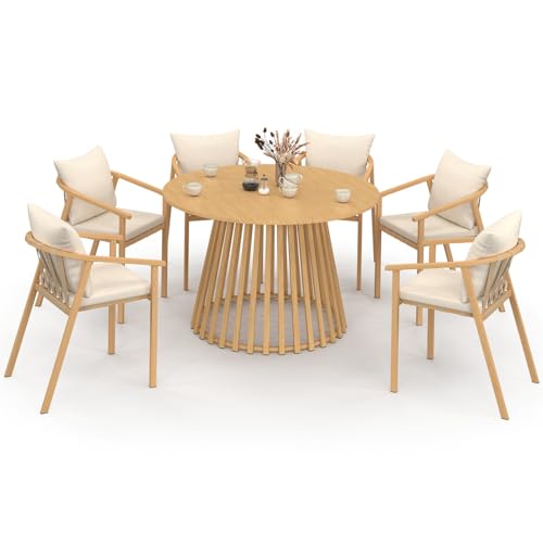 IDMarket - Salon de Jardin SOLAL Table Ronde 120 cm avec Pied Lattes en métal et 6 chaises de Jardin avec lanières et Coussins Beiges