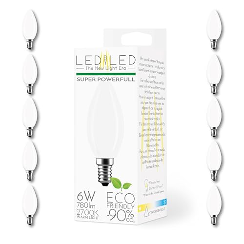 LEDbyLED Bombilla Oliva 6W Equivalente a 60W, E14, Vidrio Lechoso, 2700K Luz Natural, filamento LED recto, 780 Lúmenes, Paquete de 10 unidades