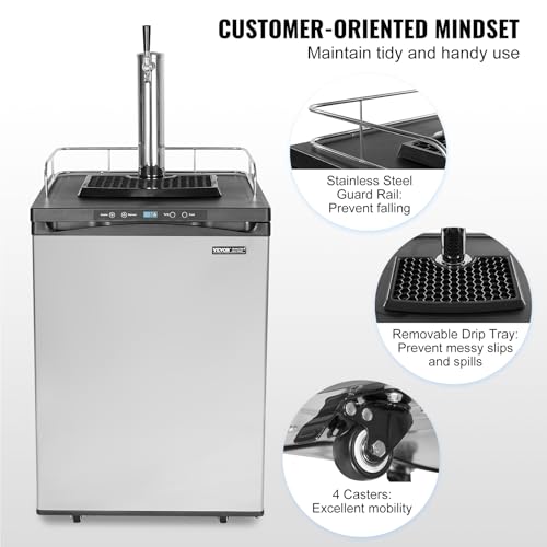 Image of VEVOR Beer Kegerator, Single Tap Draft Beer Dispenser, Full Size Keg Refrigerator With Shelf, CO2 Tank(No Gas), Drip Tray & Rail, 23F- 82.4F Temperature Control, 162L, Silver