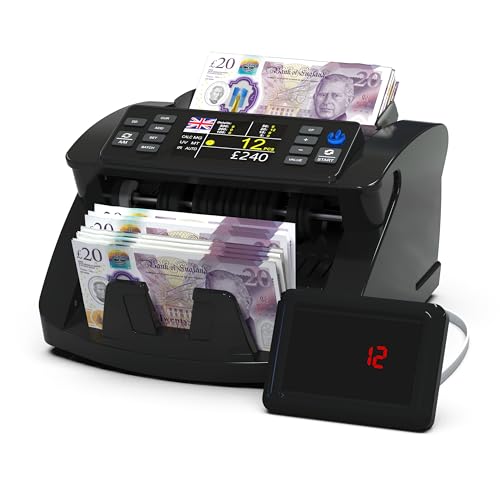 Detectalia V10 Banknote Counter for GBP-EUR-CHF-USD-SEK-DKK-PLN-Try-AED-SAR with UV-MG-IR-MT-DD Detection 3.5 TFT Screen + External Display Total Value Batch & Add 1000 Notes/Minute