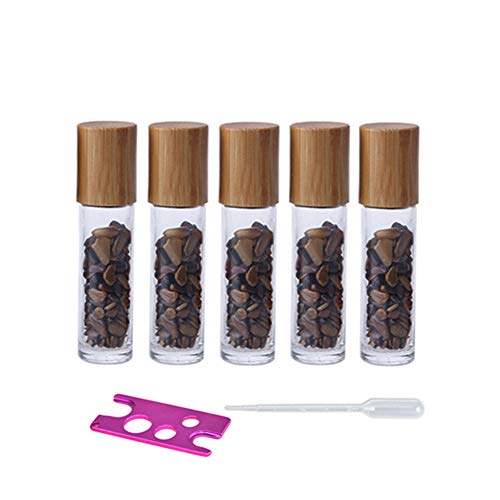 USRommaner 5 Pack 10ml Clear Roll On Bottles With Natural Chakra Crystal Chips for Essential Oils,Perfume Glass Roller Bottles Container Bamboo Lid,Crystal Roller,Pipette&Opener Included (Tiger Eye)