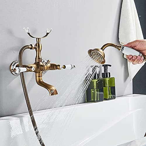 Zestaw baterii wannowo-prysznicowej w stylu retro z mosiądzu z dwoma pokrętłami, montowany na ścianie, z baterią ręczną i obrotową wylewką wannową, antyczny mosiądz A, zł