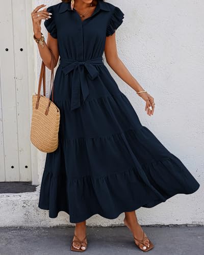 dowerme Women's Summer Casual Dresses 2025 Cap Ruffle Sleeve V Neck Button Belted Tiered Boho Maxi Dress with Pockets3