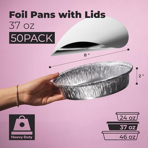 Fit Meal Prep 50 Pack 8” Round Aluminum Foil Pans with Lids, 8 inch Take Out Containers with Cardboard Covers for Freshness, Heavy Duty Disposable Baking Pie Pan for Cooking, Freezer & Oven Safe - Thumbnail 2