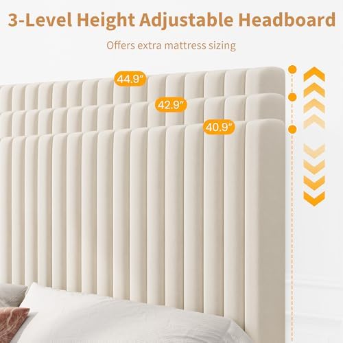 IDEALHOUSE Full Size Bed Frame with Adjustable Headboard, Velvet Upholstered Platform Bed, Vertical Channel Tufted, Strong Wooden Slats, No Box Spring Needed, Easy Assembly, Beige - 3