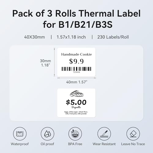 Image of NIIMBOT 3 Rolls Set Label for B1 /B21 /B3S Label Printer, 1.57 inch x 1.18 inch (40x30 mm), Waterproof Thermal Labels for Mason Jar /Pantry Kitchen Organization (White
