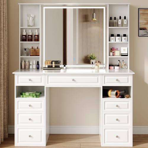 Wildhome Makeup Vanity Desk with Mirror and Lights, 47" Large Vanity Table with 9 Drawers & 10 Open Storage Shelves, Brightness Adjustable, Dressing Table for Bedroom, Women Girl (White, A Panel)