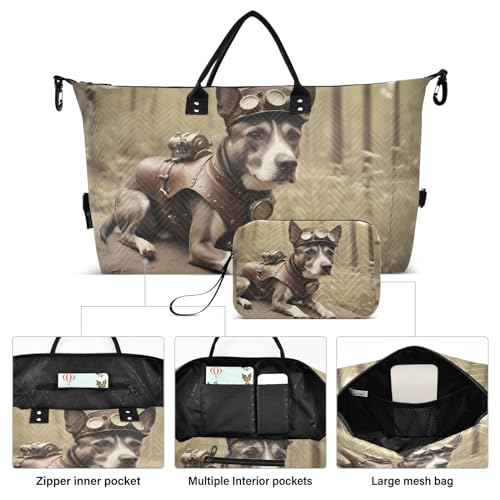 Large Travel Duffel Bag, Steampunk Dog Sports Tote Gym Bag, Shoulder Weekender Overnight Bag for Women Men, Carry On Luggage with Toiletry Bags2