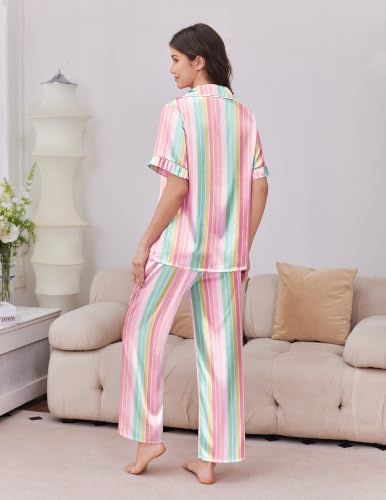Image of Ekouaer Silk Satin Pajamas for Women Set 2 Piece Short Sleeve Button Up Pjs
