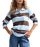 SAFRISIOR Womens Striped Polo Long Sleeve Rugby Shirts V Neck T Shirts Color Block Casual Tee Tops Blue Brown