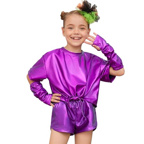 Image of Perfashion Girls Metallic Shirts Shiny Tie Front Knot Crop Top with Arm Sleeves for Dancing Raves Festivals 4-15 Years