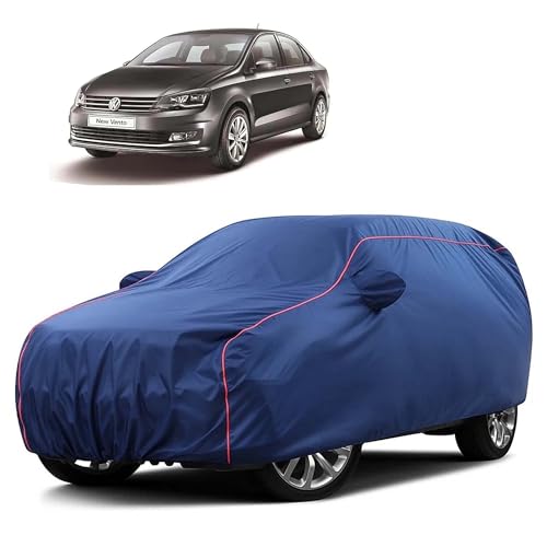 Image of Sulfar 100% Water Resistant Car Body Cover Compatible with Mirror for Volkswagen Vento (Triple Stitched, Full Bottom Elastic, Blue Taffeta with Red Piping)