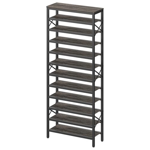YATINEY 12-Tier Tall Shoe Rack Organizer, Wooden Shoe Storage for Closet Holds 48 Pairs, Sturdy Shoe Shelf with X-Shaped Metal Support, for Entryway, Bedroom, Charcoal and Black SS212BC