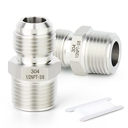 Image of TAISHER 2PCS Forging of 304 Stainless Steel Tube Flare Fittings, 3 /8 inch Male Flare x 1 /2 inch NPT Male, Half Union