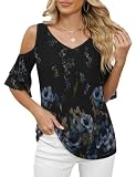 Womens Summer Short Sleeve Tops Dressy Casual Cold Shoulder Tunic Double Layers Mesh Loose Stretchy Blouses(Black Blue,X-Large)