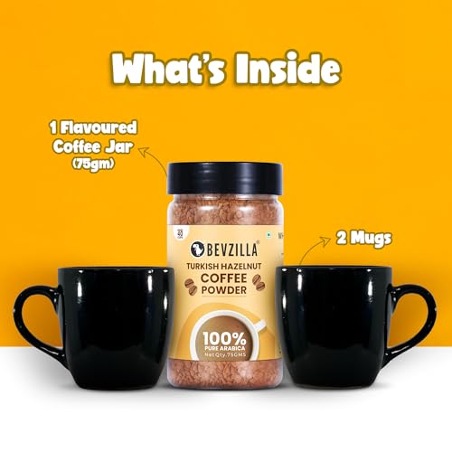 Image of Bevzilla Turkish Hazelnut Premium Edition Pack - 2 Free Coffee Mugs | 100% Arabica Beans | Instant Coffee | 75 gms Pack | Makes up to 40 cups | Best for Espresso, Latte, Cappuccino