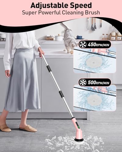 Image of Shower Scrubber with Long Handle, Shower Cleaner Brush with 8 Floor Machine Pads, Cordless Electric Spin Scrubber for Cleaning with 2 Speed, Cleaning Supplies for Bathroom Bathtub Kitchen Floor Toilet