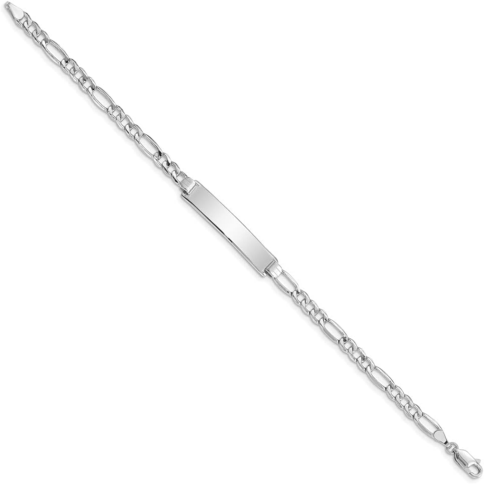 Engravable Personalized Custom 14K White Gold Polished Semi-Solid Figaro ID Bracelet For Men or Women Length 7 inches Width 6.5 mm
