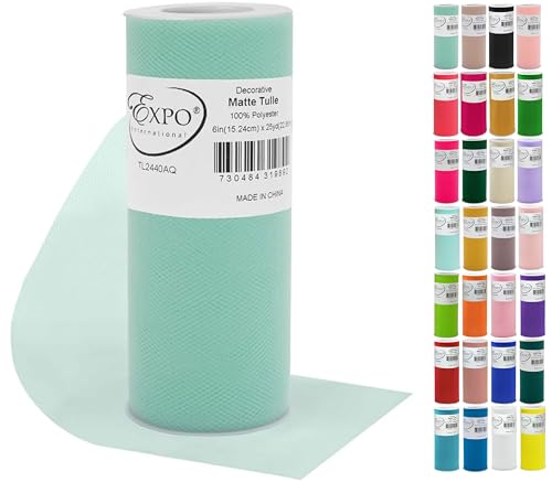 Image of Expo International Decorative Matte Tulle, Roll /Spool of 6 Inch x 25 Yards (Pack of 1), Polyester-Made Tulle Fabric, Matte Finish, Lightweight, Versatile, Washable, Easy-to-Use, Aqua Blue